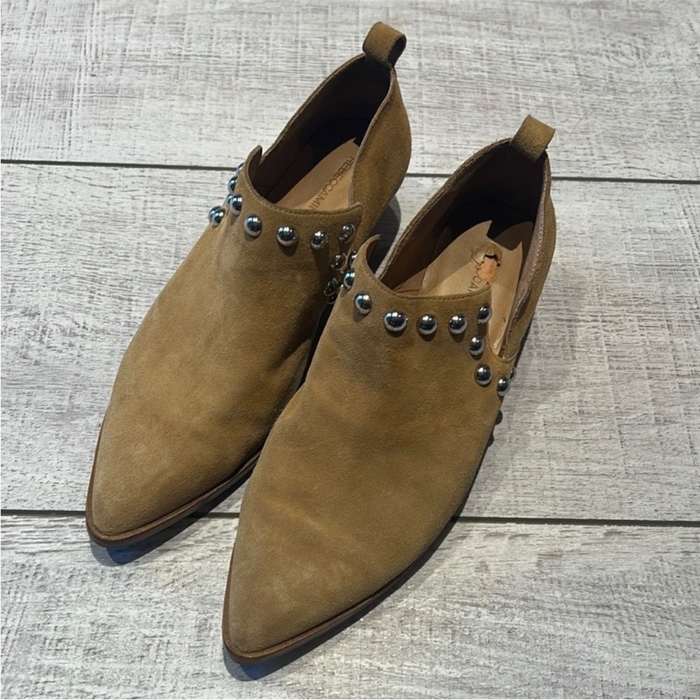REBECCA MINKOFF Katen Studded Suede Low Heel Booties Beige Size 8